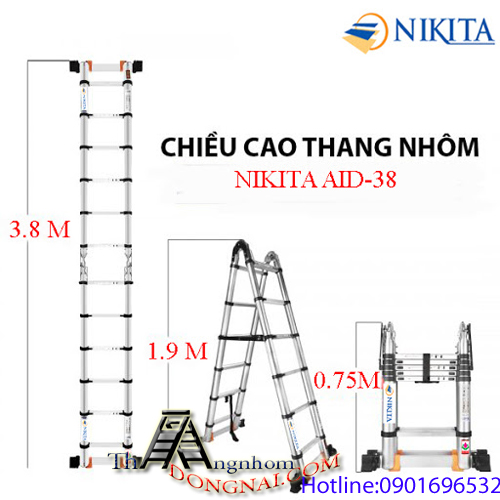 Thang Rút Chữ A Cao Cấp Nikita NKT-AID38 Có Bánh xe 